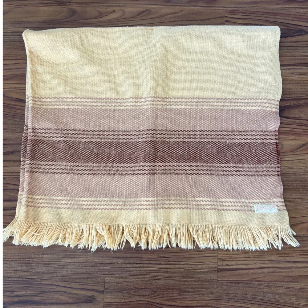 Vintage Pendleton 100% Virgin Wool Throw Blanket Striped Fringe Cream Mauve USA